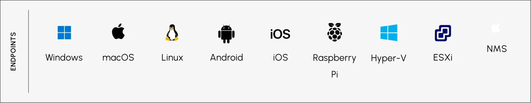 Endpoints graphic including windows, MacOS, Linux, and more.