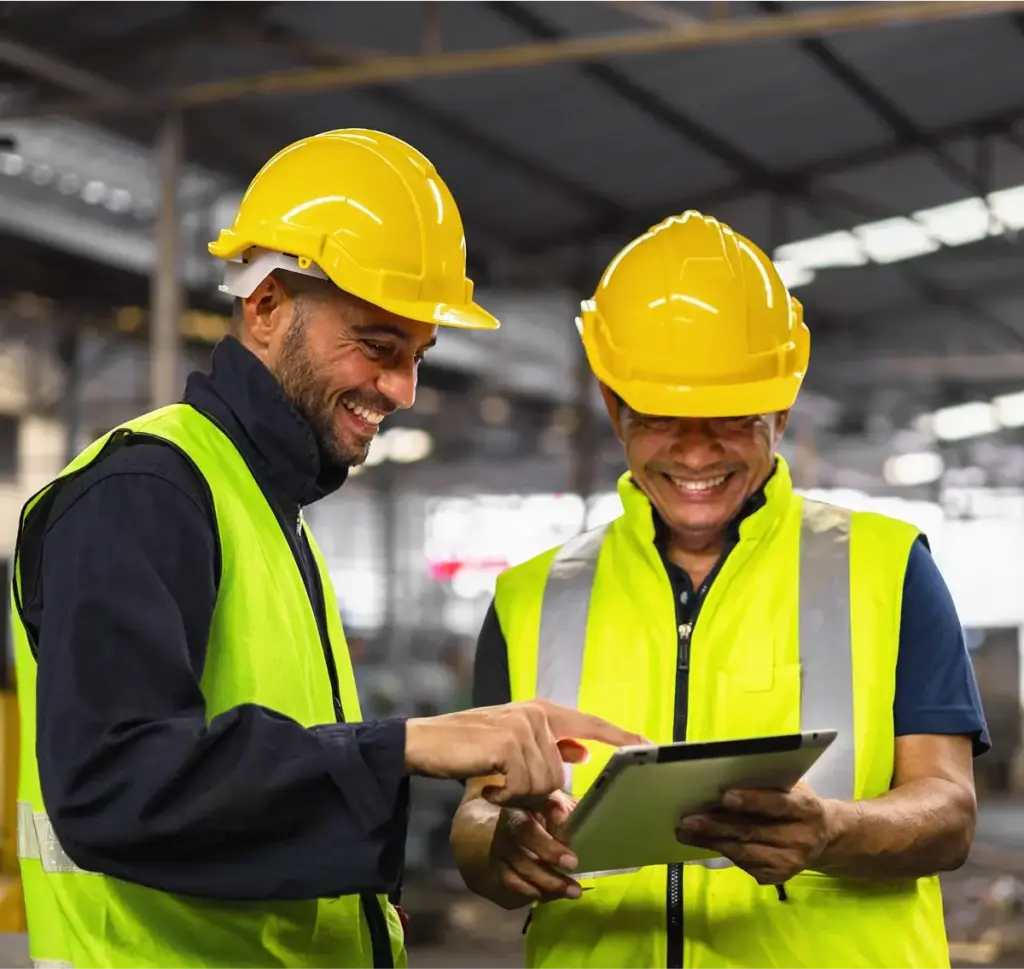 Two men wearing hard hats smiling and pointing to tablet screen.